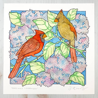 Cardinals and Hydrangea - 8x8" Archival Print